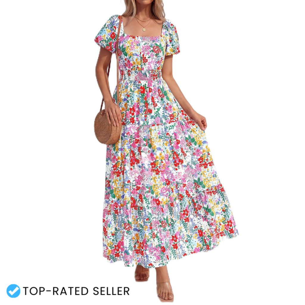 Floral Smocked Midi Dress Elegant A-Line Flowy Casual Spring Summer